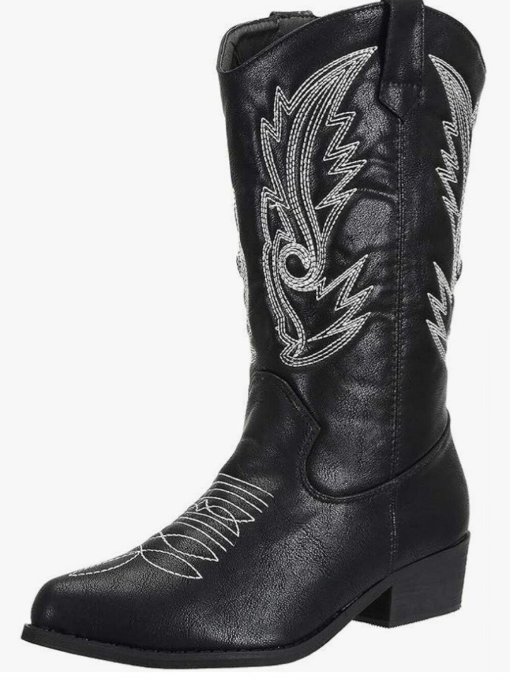 Black Western Embroidered Mid-Calf Heeled Boot